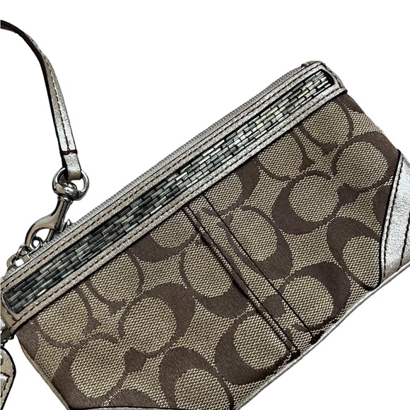 Coach Bags Coach Signature Khaki Metallic Gold Beaded Wristlet